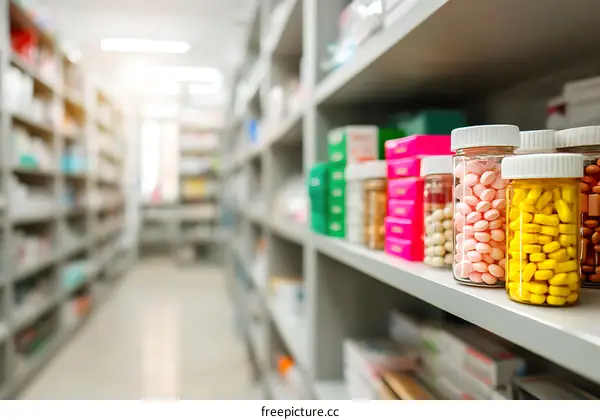 Pharmacy Interior with Medicine Jars and Shelves