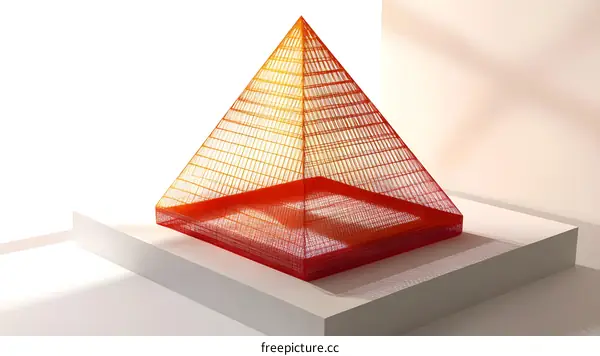 Abstract Red And Yellow Wireframe Pyramid On A White Platform