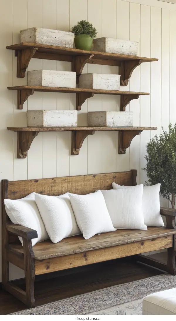 Rustic Wooden Wall Shelves and Bench in a Light Beige Room