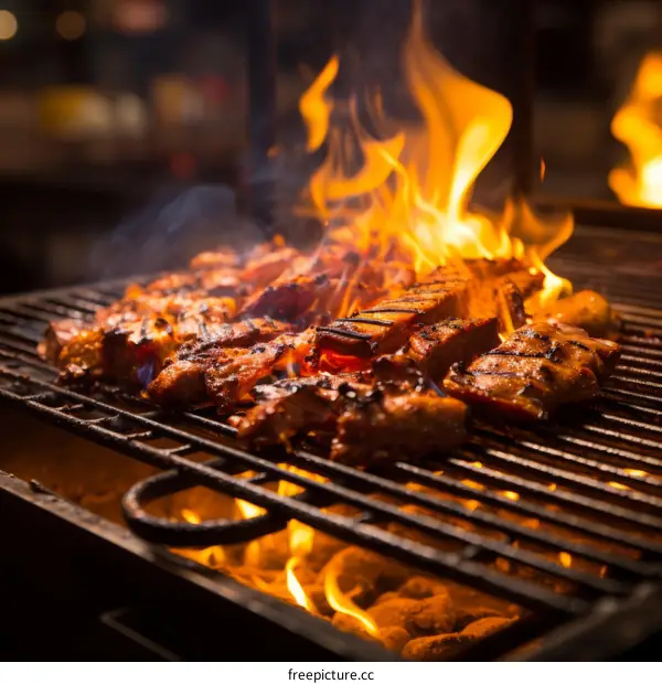 Grilled meat on a flaming grill