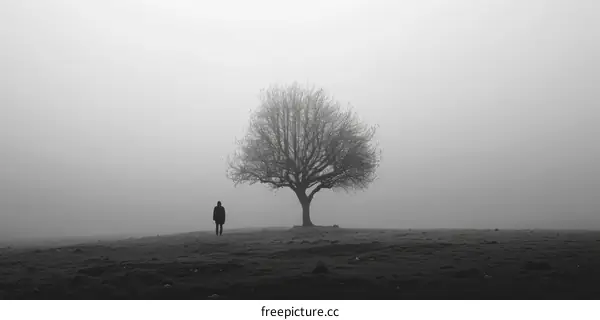 Man standing alone in a foggy field