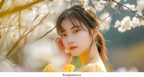 Beautiful Young Woman with Flowers in Her Hair