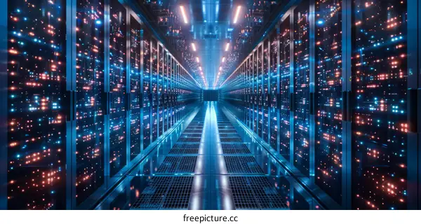 Futuristic Server Room in Blue and Orange Hues