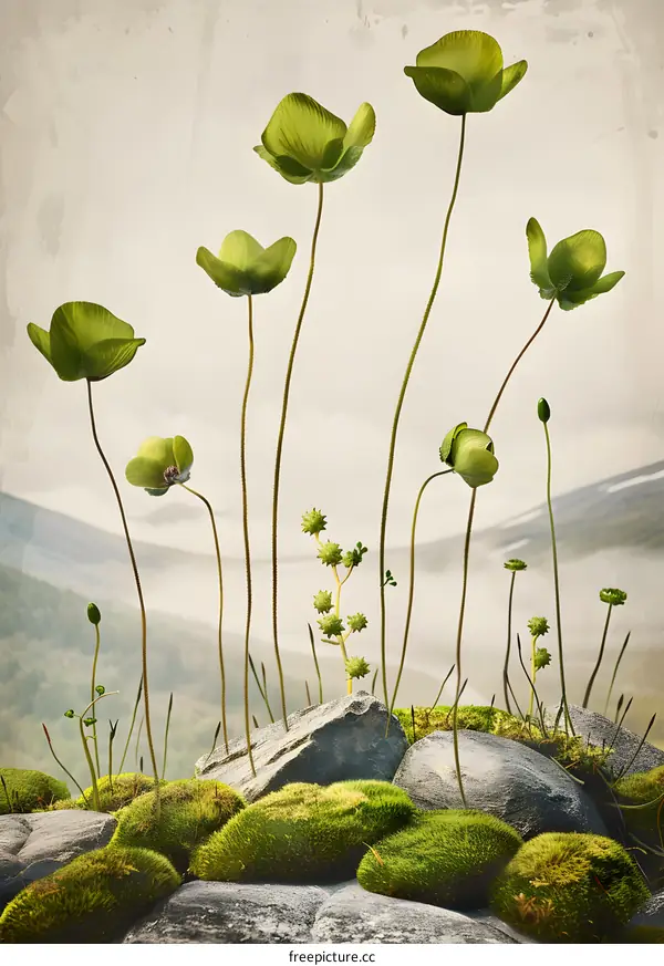 Green Flowers on Rocks in Foggy Mountain Landscape