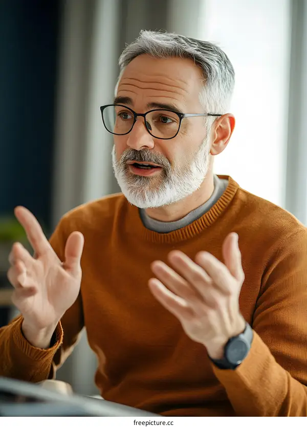 Portrait of Caucasian man with beard wearing glasses while talking