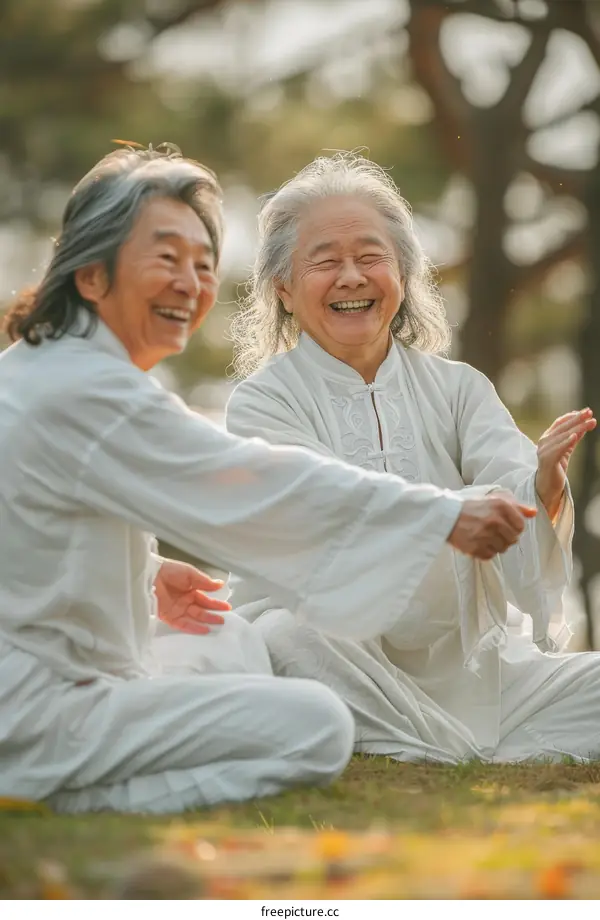 Two elderly Asian women are sitting on the ground and talking happily
