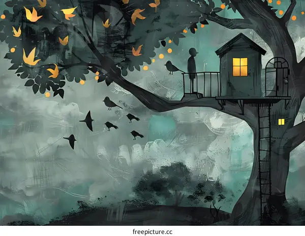 A Person Stands in a Treehouse Looking Out at a Tree With Birds Flying Away