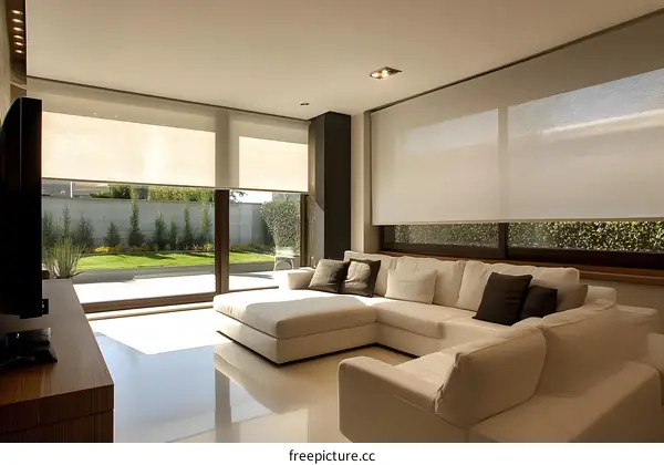 Modern Living Room Interior Design With White Sofa And Large Windows