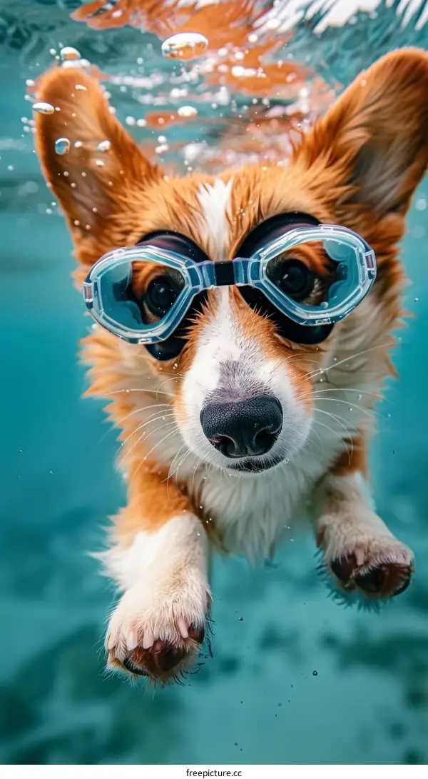A Cute Corgi in Swimming Goggles Swims Underwater