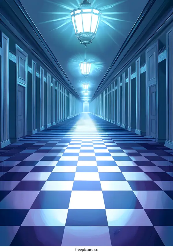 Long Hallway with Checkerboard Floor and Lanterns