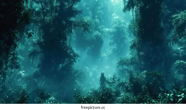 A lone traveler stands in the middle of a lush rainforest