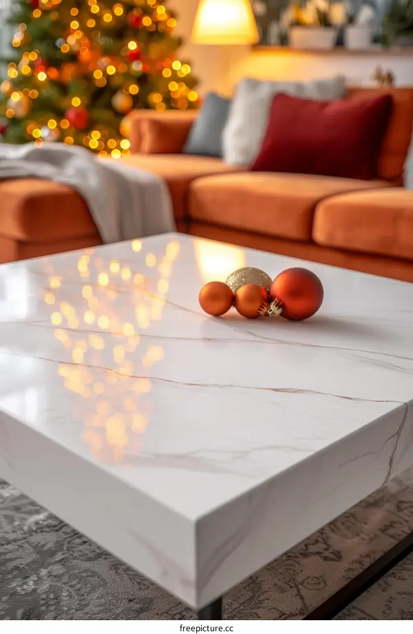 Modern interior of living room with elegant christmas tree and comfortable sofa