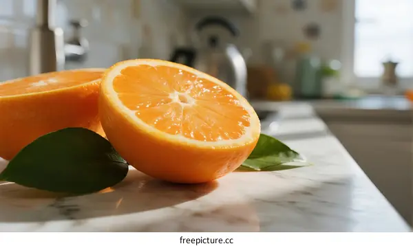 Sliced orange fruits with green leaves on kitchen counter