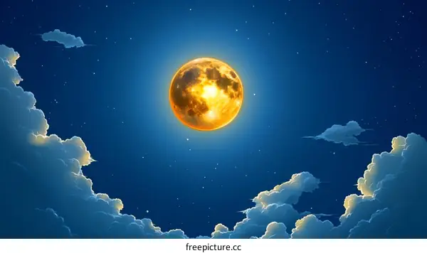 Golden Moonlit Night Sky with Clouds
