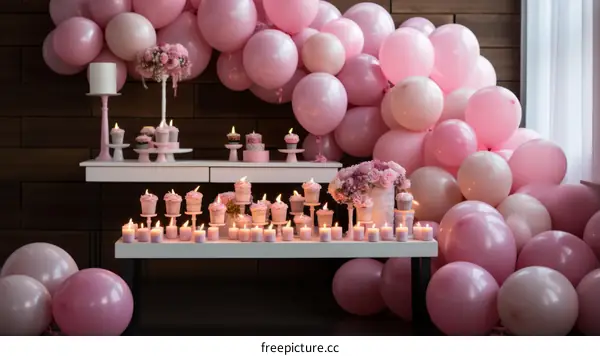 Pink Birthday Party Table Decor with Balloons, Candles, and Flowers