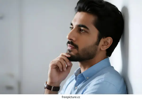 A thoughtful man in a light blue shirt with hand on chin