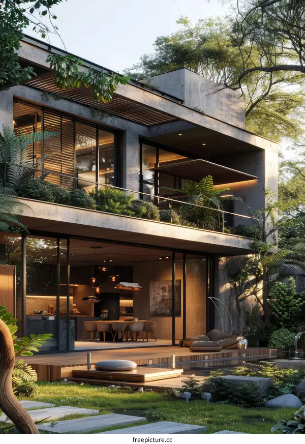 Modern House Exterior Design with Large Glass Windows and Green Landscape