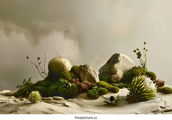 Abstract Minimalist Still Life with Moss, Stones and a Golden Sphere