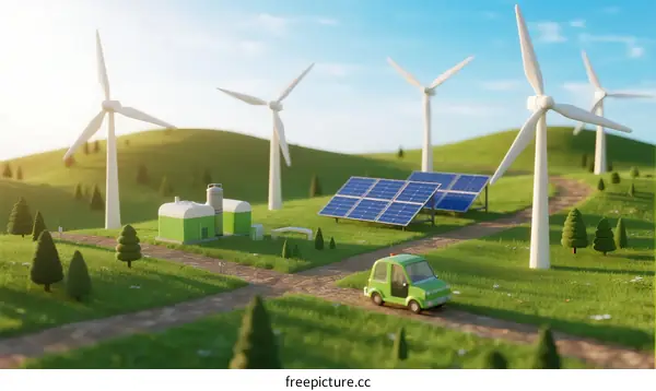 Green Energy Landscape with Wind Turbines and Solar Panels