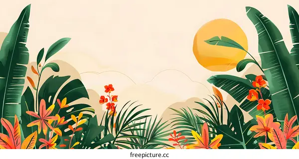Tropical Leaves and Flowers Summer Background Illustration