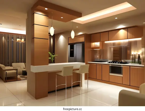 Modern Kitchen Interior Design With White Countertop And Wooden Cabinets