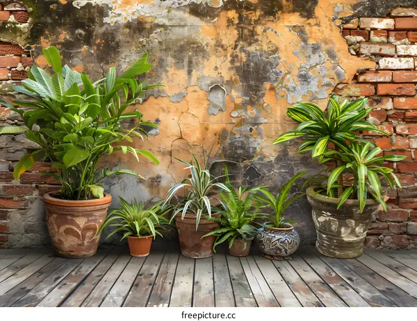 Green Plants Against Weathered Brick Wall
