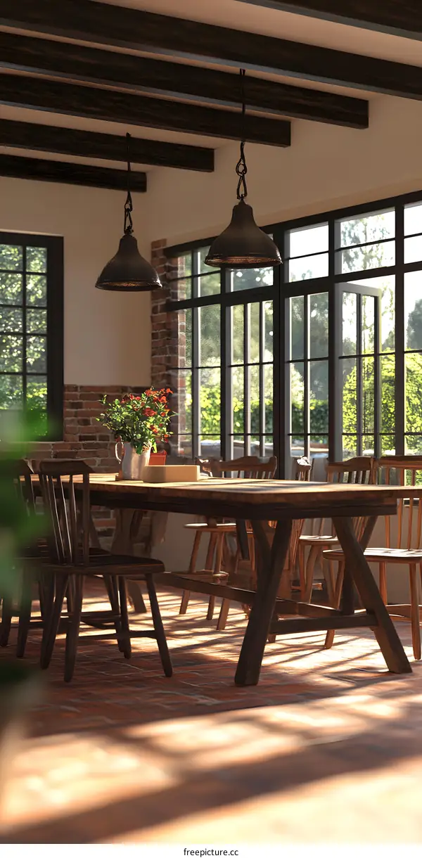 Rustic Dining Room with Wooden Beams and Sunlight