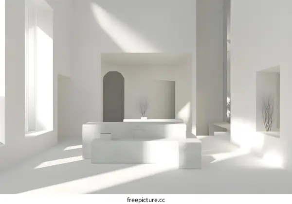 Minimalist White Interior Design with Marble Platforms and Sunlight