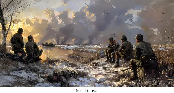 A group of soldiers looking at the ruins of a city during World War II