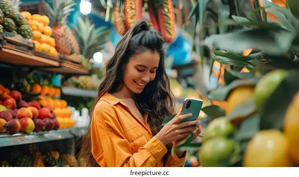 Woman Using Smartphone In A Fruit Store
