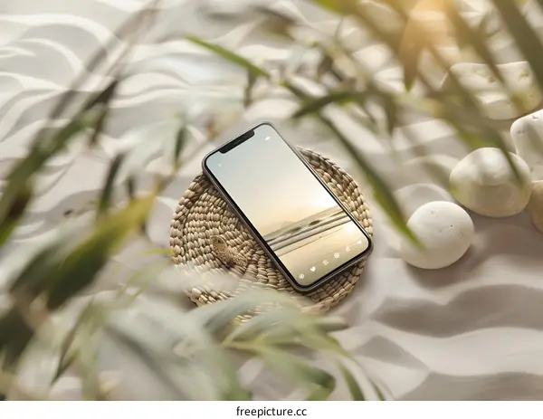 Phone on Woven Coaster with Beach Image