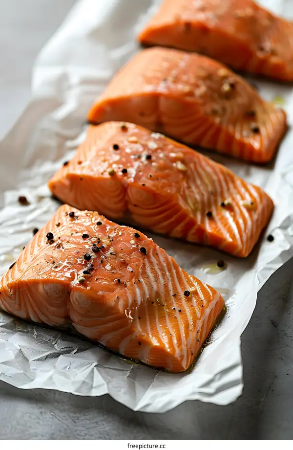 Four pieces of raw salmon fillet with spices on white paper