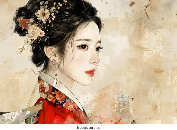 Korean Woman in Traditional Hanbok Dress with Flowers