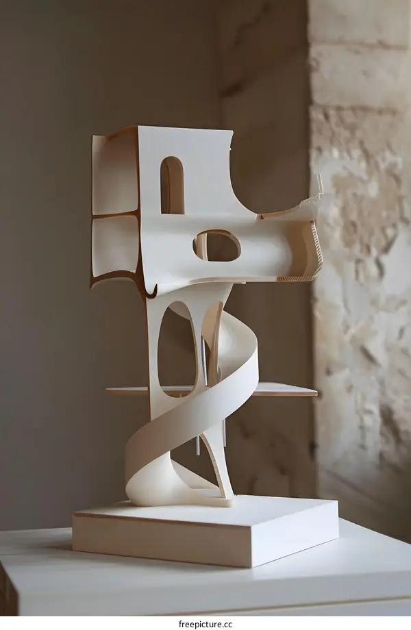 Wooden Model Of Modern Building With Curved Stairs And Windows