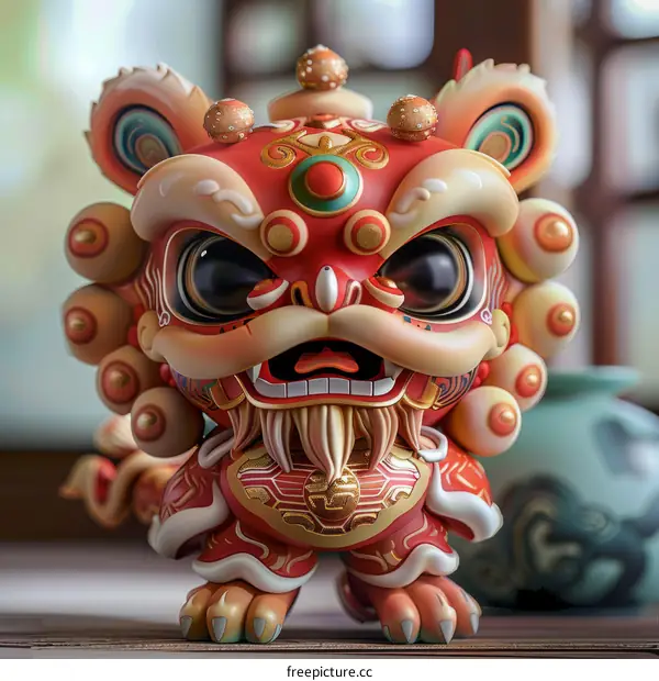 A cute cartoon lion with big eyes and a red body