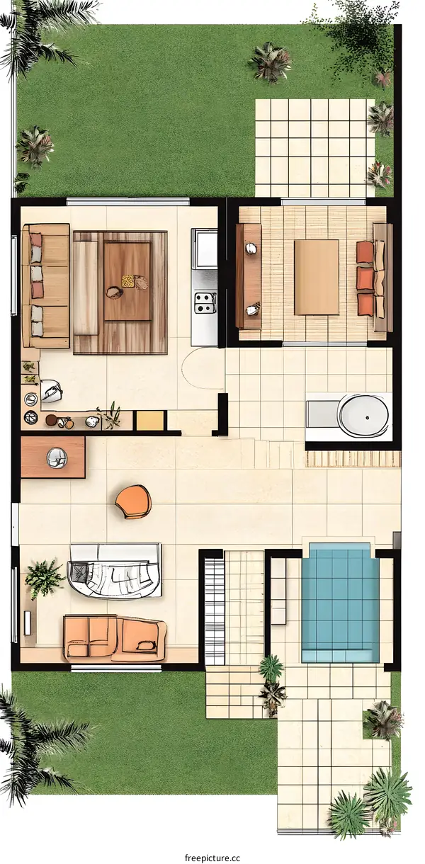 Hand Drawn Illustration of a Modern House Floor Plan with Pool