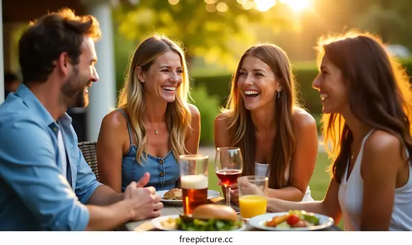 Group of friends laughing and eating at a table outdoors