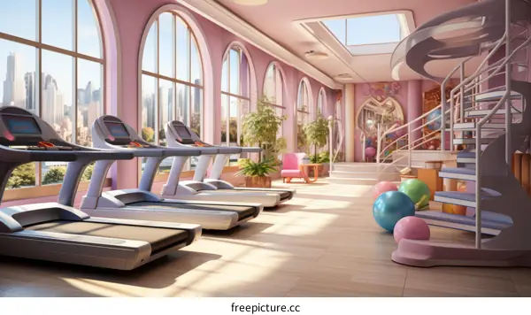 Modern Pink and White Gym with City View