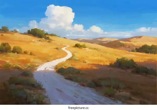 A Winding Path Through Golden Rolling Hills Under Blue Sky