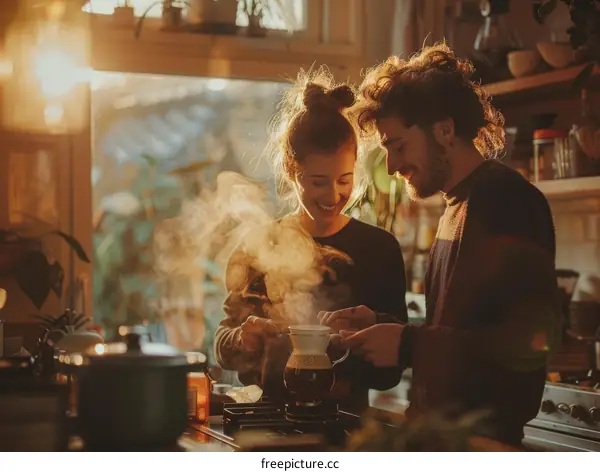 Couple making coffee in the kitchen