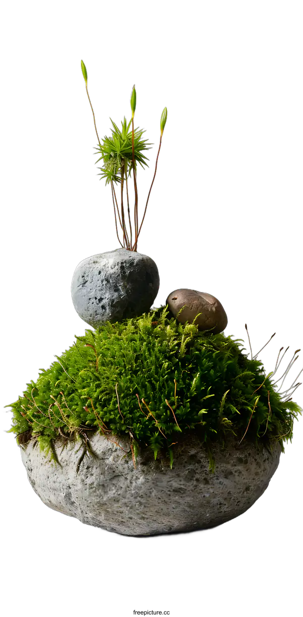 [Transparent Background PNG]Stone With Moss and Tiny Plants