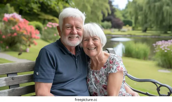 Happy elderly couple sitting on a bench in a park