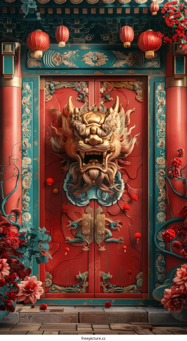 Lucky Symbols Displayed with Chinese Dragon on Building Facade