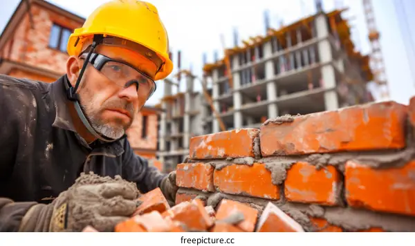 Construction worker laying bricks on a building site