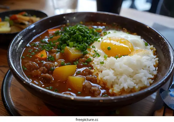 Delicious Japanese Curry Rice with Fried Egg and Scallions