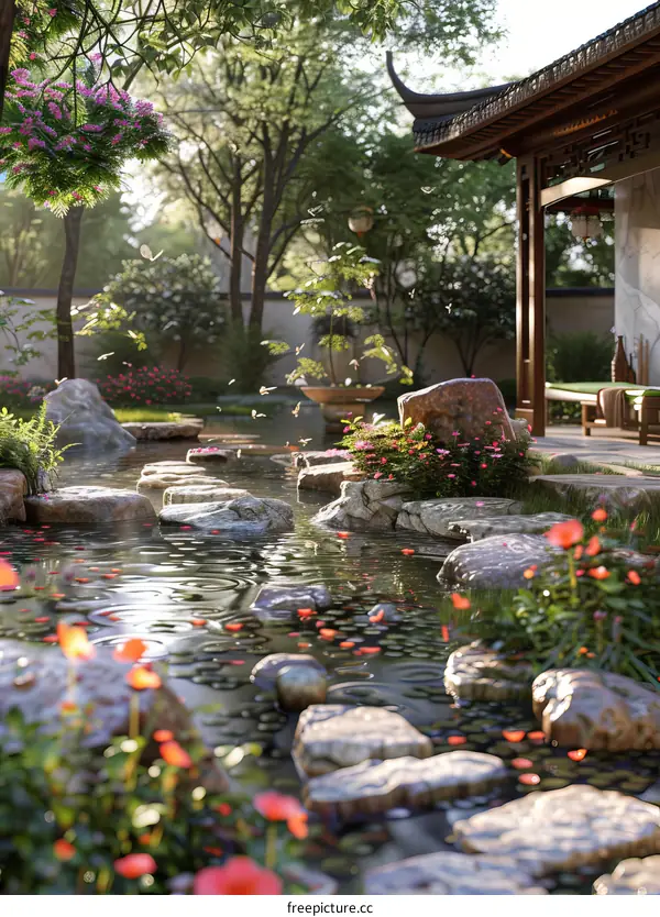 Tranquil Chinese Garden Scene with Water Feature