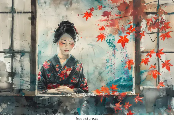 A Japanese woman wearing a kimono is sitting in a traditional house.