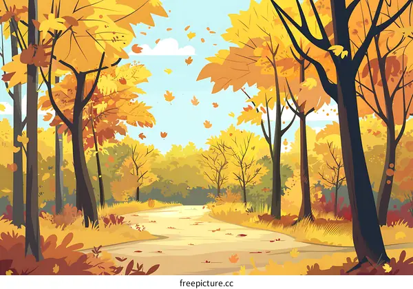 Autumn Forest Pathway with Falling Leaves Illustration