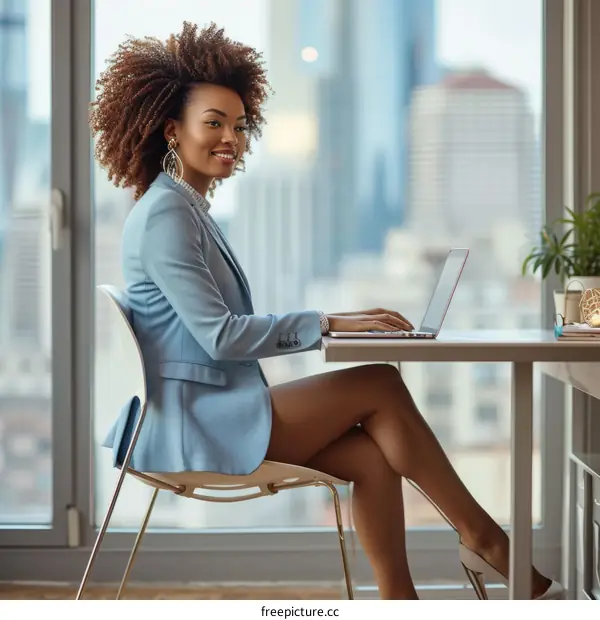Confident young businesswoman working on laptop in modern office