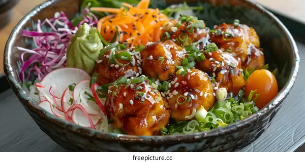 Close Up of Japanese Style Chicken Teriyaki Bowl with Sesame Seeds, Green Onions and Radishes
